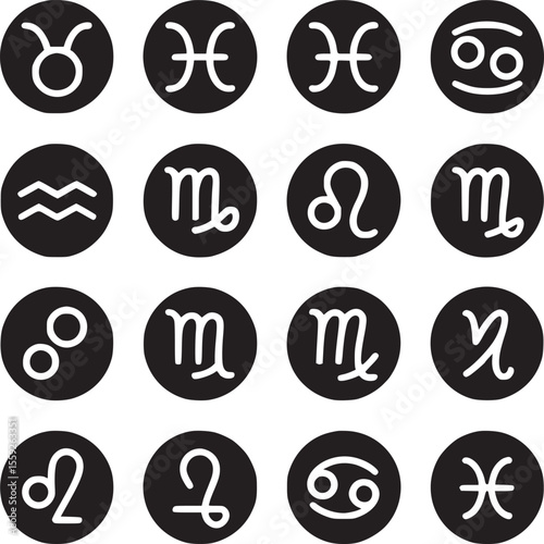 Collection of twelve zodiac signs arranged in a grid pattern on a white background in black circles