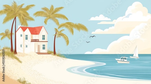 Against the modern scenery of a sea landscape and palm trees, a small lodge on piles is nestled