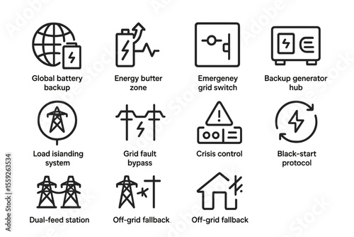 Electricity backup system icons: battery, generator, grid, emergency, off-grid