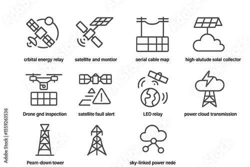 Energy relays and power transmission icons on dark background