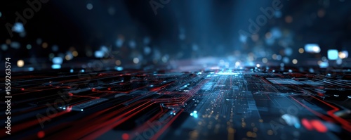Futuristic circuit board with digital connections and glowing lights