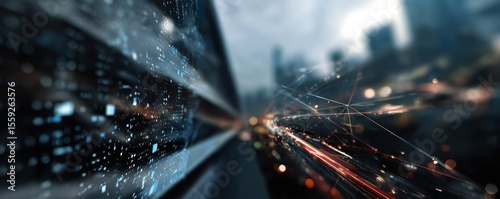 Futuristic digital data stream in urban city at night