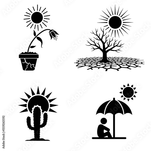 Heatwave icons with sun, withered plants and dry trees