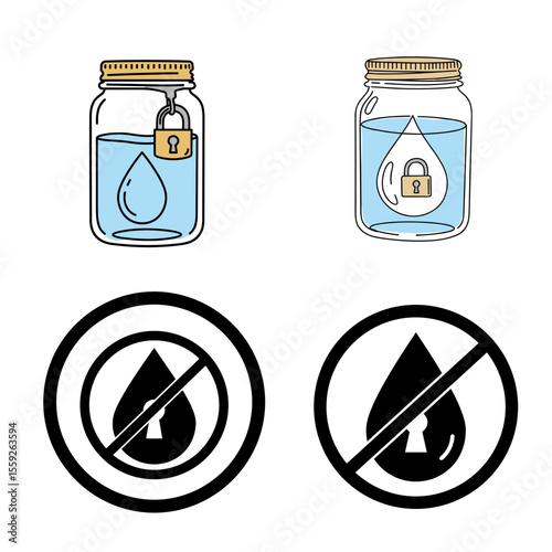 Locked water drop icons in jars and restriction signs