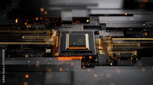 Futuristic circuit board with glowing elements and complex patterns