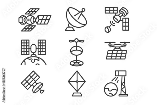 Satellite and communication icons on gray background