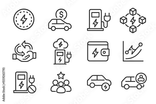 Electric vehicle charging and blockchain technology icons set