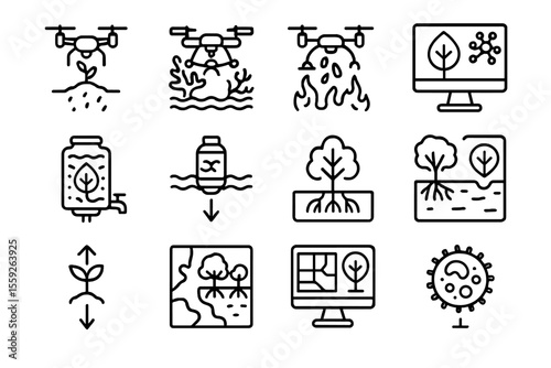 Environmental technology icons featuring drones, ecosystems, and sustainability