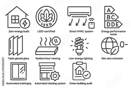 Sustainable eco-friendly building technologies and energy efficiency icons