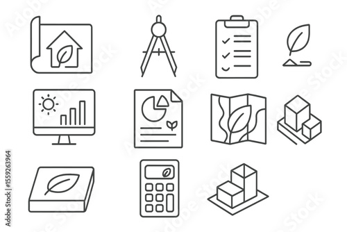 Eco-friendly architecture and design icons with leaf symbols