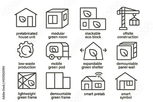 Sustainable modular housing icons with eco-friendly design elements