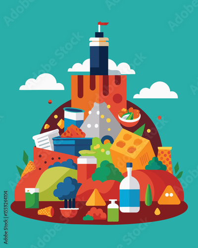 A landfill overflowing with food packaging a reminder of our excessive and unsustainable lifestyle.. Vector illustration