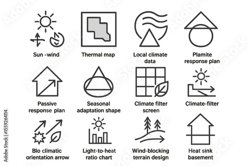 Sustainable climate design icons for architecture and environmental planning