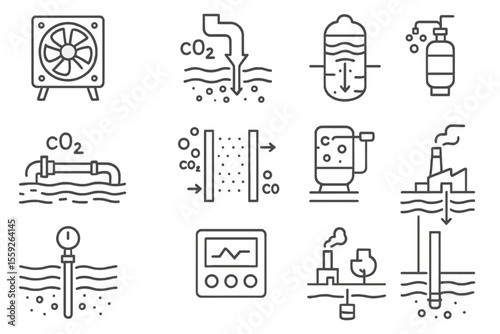 Industrial carbon capture process and equipment icons on dark background