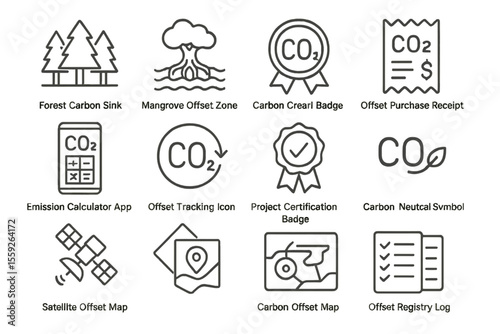 Icon set for carbon offset and environmental conservation projects