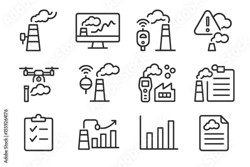 Air pollution monitoring icons with factories and clouds