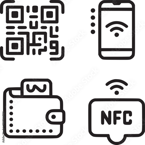 Depiction of qr code, smartphone with wifi, wallet, and nfc icon in a black and white illustration