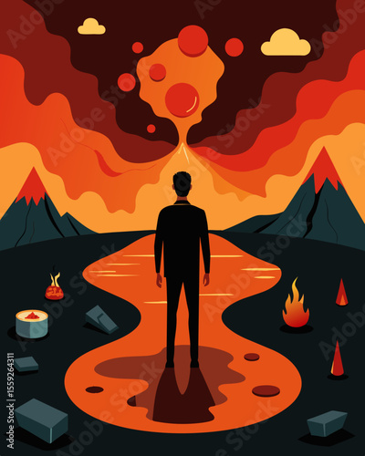An individual standing at the edge of a lake of boiling lava labeled with different sources of stress such as deadlines expectations and responsibilities.. Vector illustration