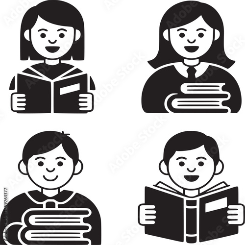 Four black and white icons depicting students with books and school related themes in a grid layout