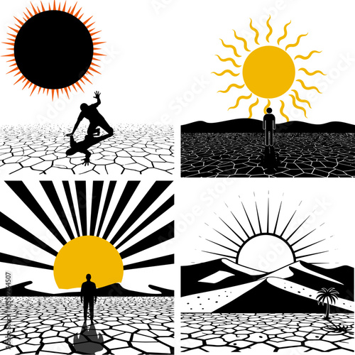 People in cracked deserts with sun representing heat and drought