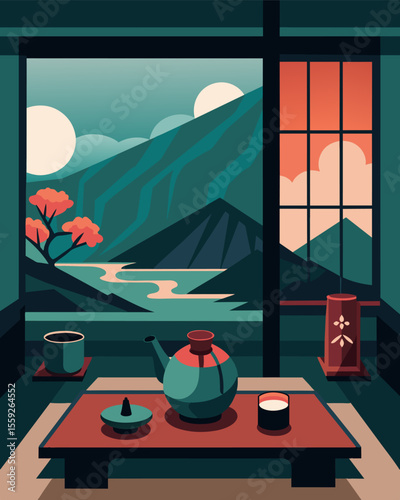The ryokans inroom tea sets provide a traditional touch for those needing a hot beverage while working remotely.. Vector illustration