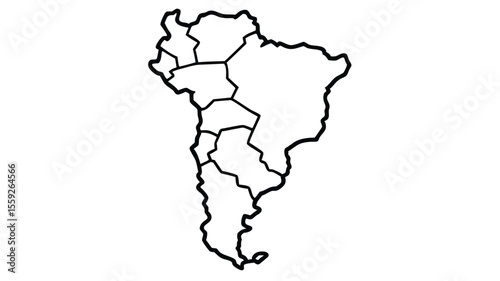 This is a black and white line drawing of the continent of South America, divided into its various countries. The outline is bold and clearly defined