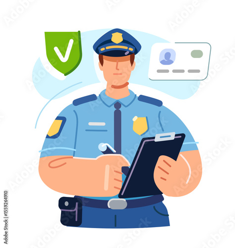 Police officer in uniform with badge. Law enforcement, representative of state security. Verification of documents