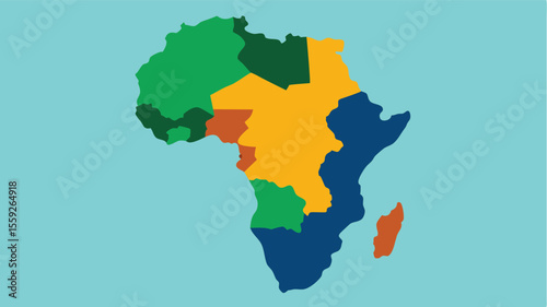 This image is a stylized, colorful map of Africa. Different regions of the continent are represented by distinct, bold colors: green, orange, yellow, and dark blue. 