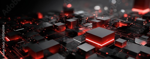 Futuristic grid of illuminated red and black 3d cubes in a digital landscape
