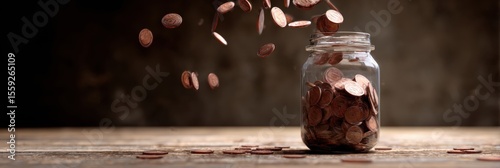 Wallpaper Mural Savings Jar Filled With Flying Coins in a Rustic Setting Showcasing the Essence of Saving and Financial Goals Torontodigital.ca