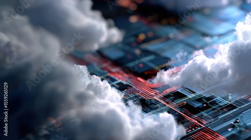Futuristic cloud computing concept with circuitry and data connections