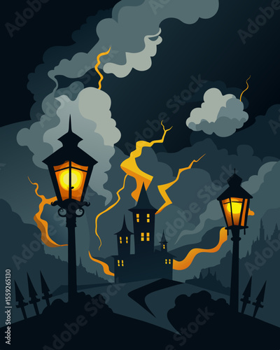 The gaslights ominous glow seemed to intensify as the storm outside grew louder creating a sense of dread and impending danger.. Vector illustration