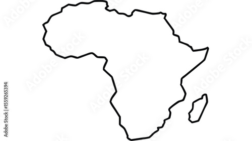 This image is a simple black and white outline of the continent of Africa. The coastline is clearly defined, showcasing its distinctive shape. There are no interior details, colors, or shading, 