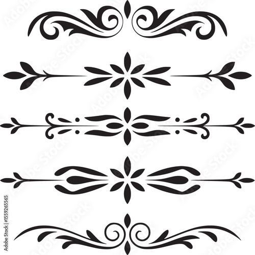 A collection of five black floral divider designs arranged vertically on a white background