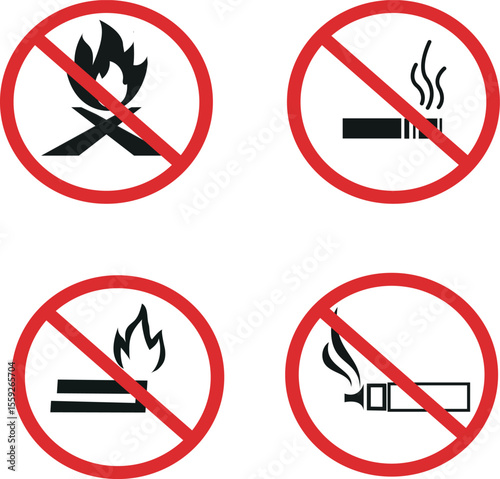 A set of isolated red prohibition signs with a stop symbol and a diagonal line, warning against smoking or fire, illustrating forbidden actions