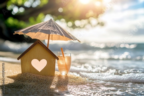 The image depicts a miniature beach house and umbrella on the shore, with a blurred blue sea and sky in the background, conveying the idea of a family vacation home, related to real estate, sales, or