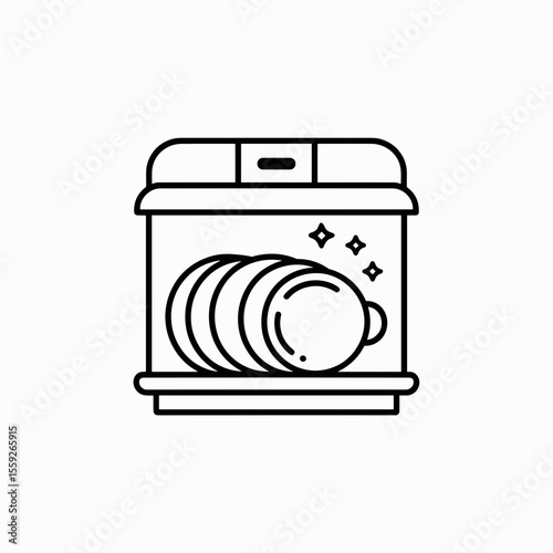 Line art illustration of a dishwasher with clean dishes inside  