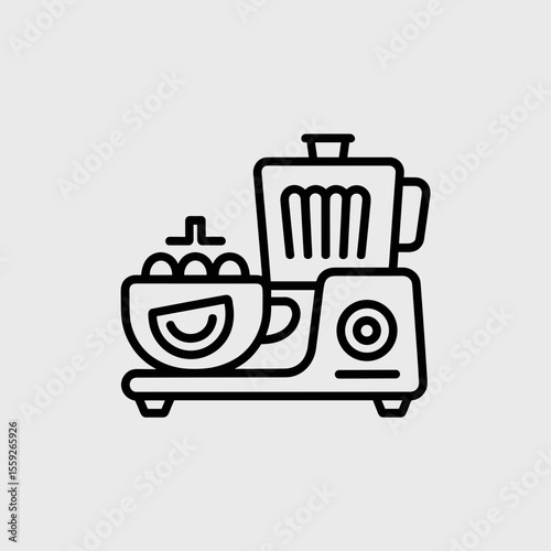 Line art food processor with bowl of ingredients on grey background  
