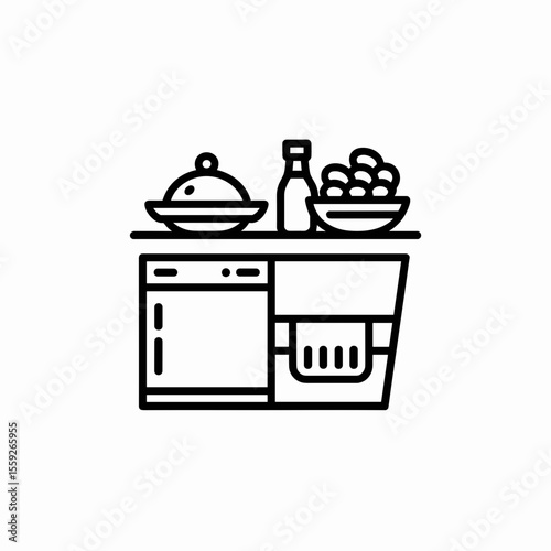 Kitchen items including a dishwasher, bowls, and sauce bottle  