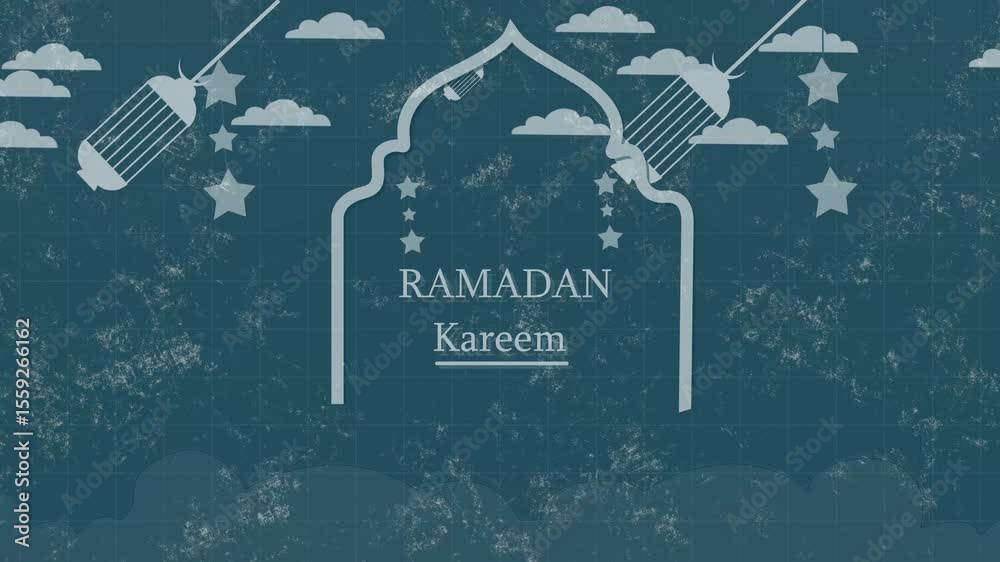 Happy Ramadan kareem greeting motion design animation. Beautiful Ramadan kareem islamic design concept with hanging ramadan candle lantern and mosque.