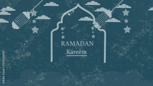 Happy Ramadan kareem greeting motion design animation. Beautiful Ramadan kareem islamic design concept with hanging ramadan candle lantern and mosque.