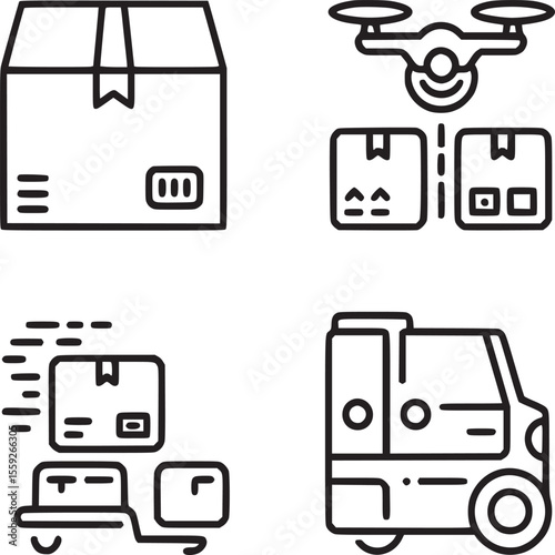 A line art depiction of shipping and delivery methods including boxes drone truck and hand truck