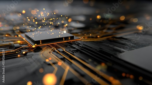 Close-up of a circuit board with glowing connections and sparks of light