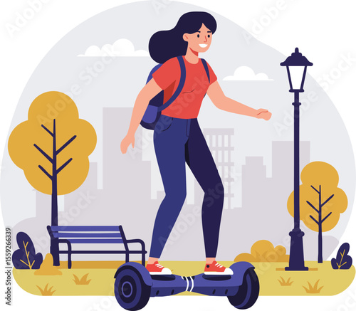 Young woman riding hoverboard in autumn park with yellow trees and city background active lifestyle outdoor fun