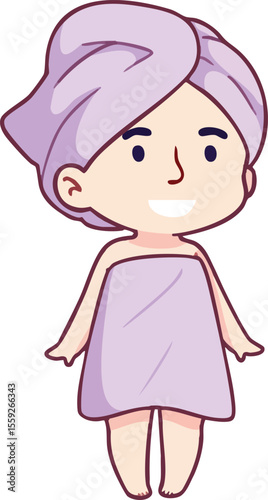 Spa woman wrapped in lavender towel with towel turban on head relaxing after bath vector illustration