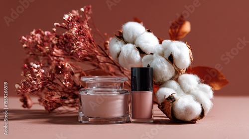 Natural cosmetic products with cotton and dried flowers on pink background