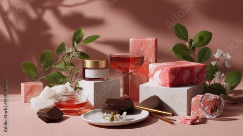 Luxurious pink spa setting with rose, chocolate, soap, and greenery
