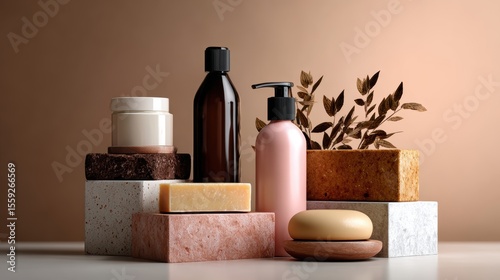 Assorted natural skincare products arranged on marble and stone blocks with foliage accent