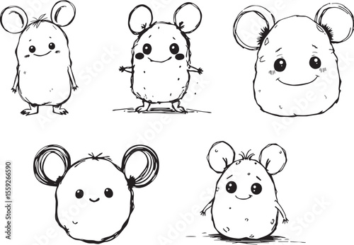 Whimsical Black and White Potato-Mouse Characters Drawing 