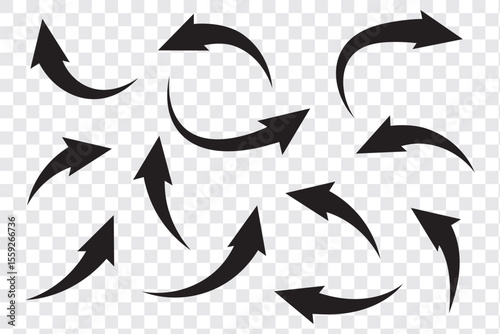 Red ,black Curved arrow set. Curved Arrows sign. Set of curved arrows isolated on white background. arrow twisted in various directions. Collection of pointers. Vector illustration